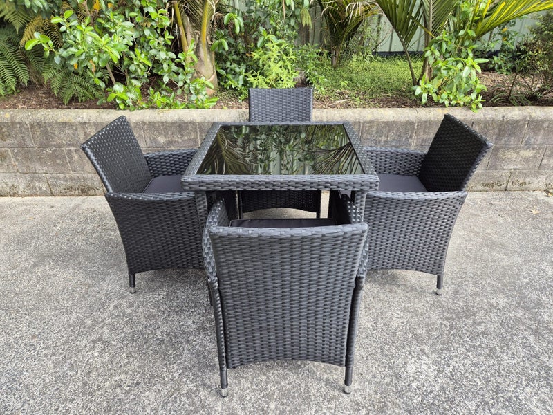 5 Pce PE Rattan 800 x 800 Dining Set - Stylish Black Glass Carousel 2