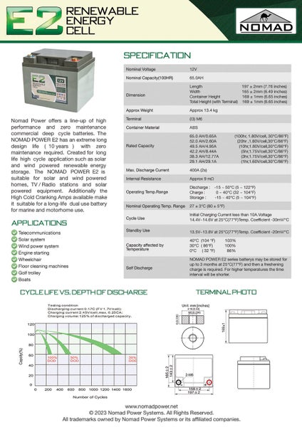 12V 65AH NOMAD E2 DEEPCYCLE BATTERY 5Yr WARRANTY - SKU: NMBT32 Carousel 2