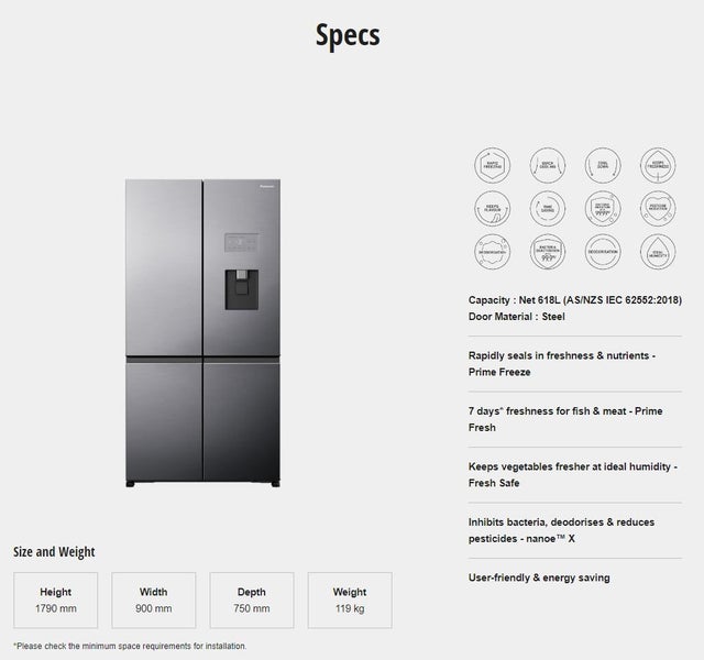 Panasonic 618L Quad Door Fridge Freezer w Ice Water Dispenser Stainless Steel Carousel 17