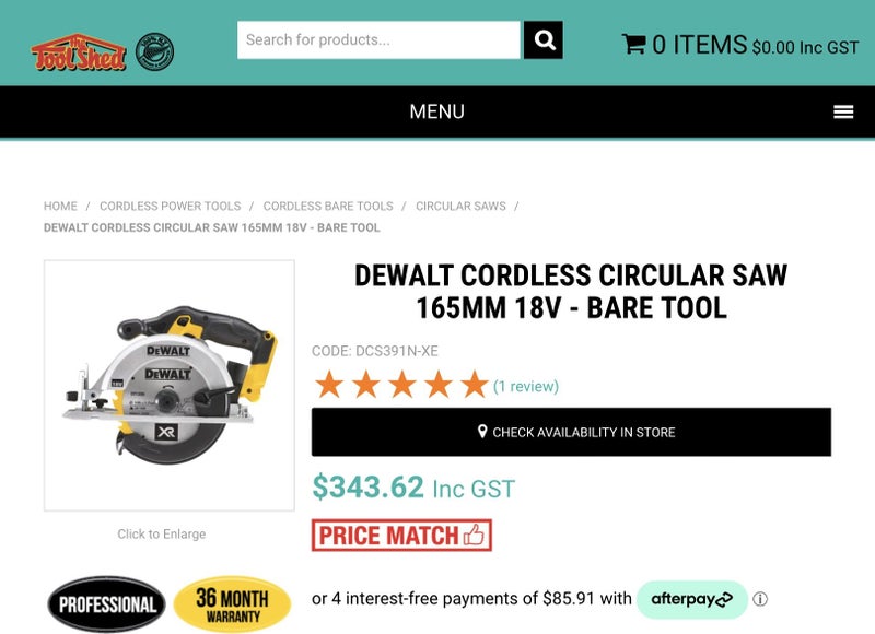 RRP$343– DEWALT 18v CORDLESS CIRCULAR SAW 165MM —-good working condition Carousel 2