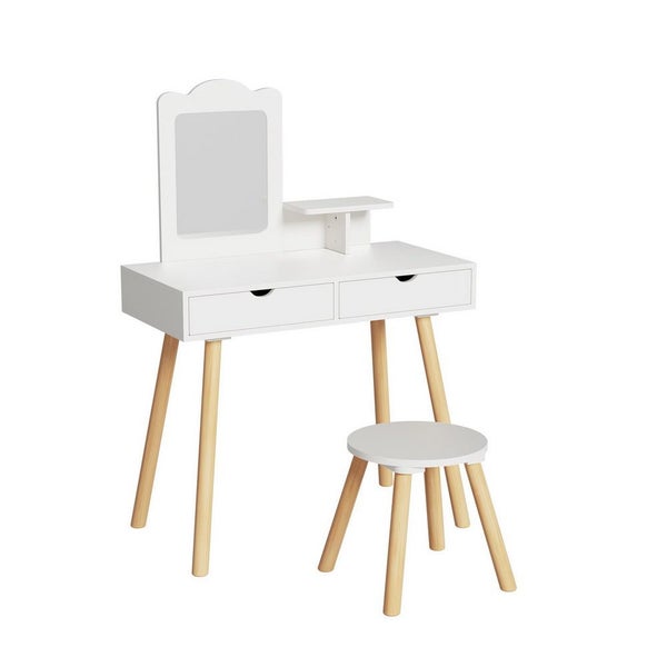 Kids Dressing Table Vanity Makeup Chair Set With Mirror Drawers Wooden Legs Carousel 1