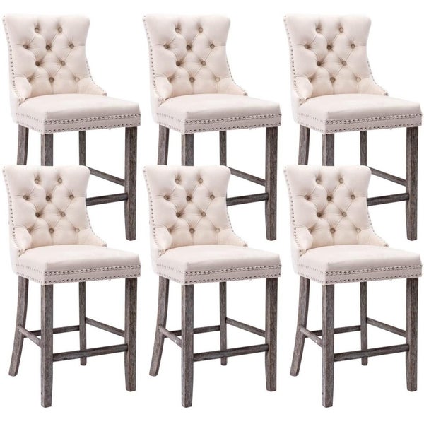 6X Velvet Bar Stools With Studs Trim Legs Tufted Kitchen Dining Chairs Carousel 1