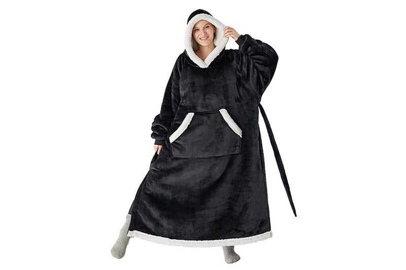 Fleece Long Blanket Hoodie With Giant Pocket And Belt Wearable Hooded Blanket-Bl Carousel 1