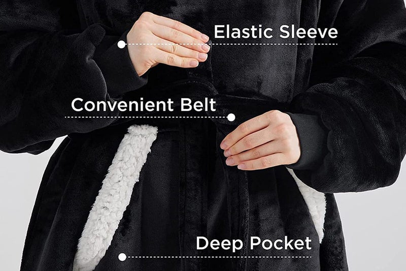Fleece Long Blanket Hoodie With Giant Pocket And Belt Wearable Hooded Blanket-Bl Carousel 2