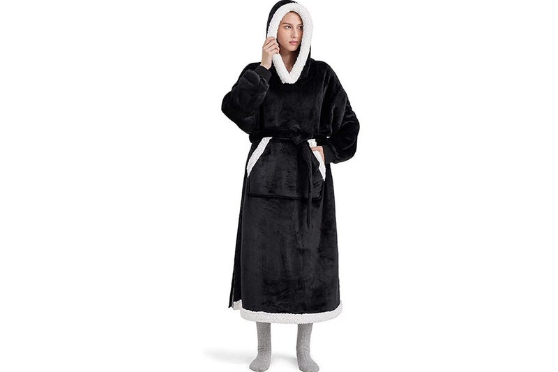 Fleece Long Blanket Hoodie With Giant Pocket And Belt Wearable Hooded Blanket-Bl Carousel 3