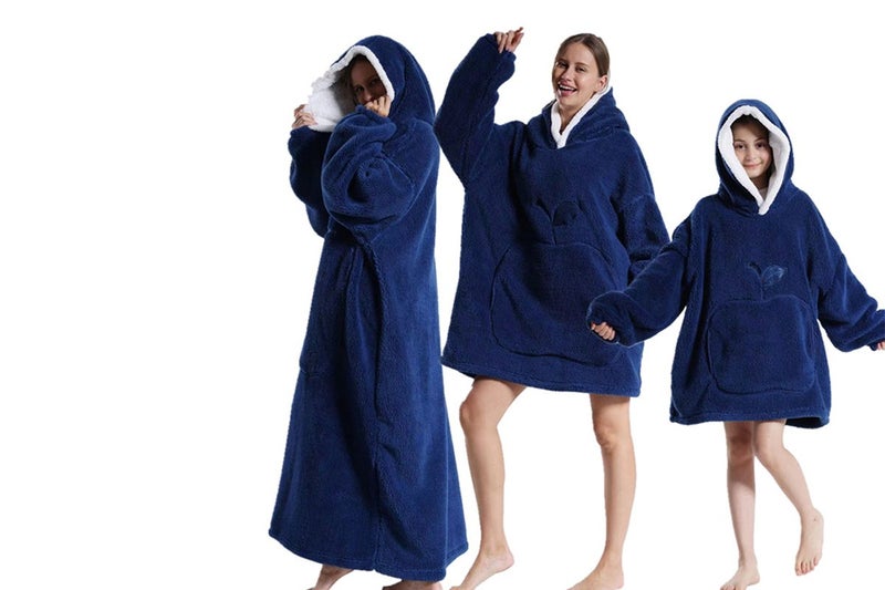 Unisex Hoodie Blanket Hooded Oversized Wearable Throw Blanket-Navy Carousel 1