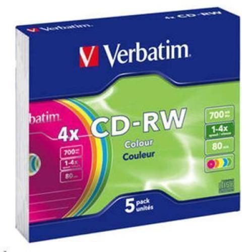 Verbatim 43133 CD-RW 80MIN 2X 4X 5PACK in five vibrant colours packaged in Carousel 1