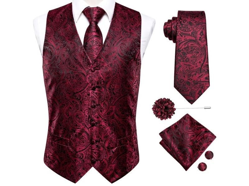 Hi Tie Silk Men's Jacquard Waistcoat Set With Neck Tie Hanky Cufflinks Brooch Carousel 2