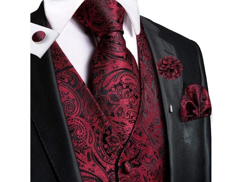 Hi Tie Silk Men's Jacquard Waistcoat Set With Neck Tie Hanky Cufflinks Brooch Carousel 1