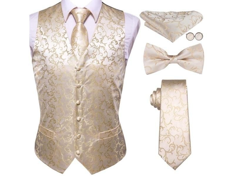 Hi-Tie Brand Silk Mens Vests Red Blue Green Gold Waistcoat Tie Bowtie Hanky Carousel 1