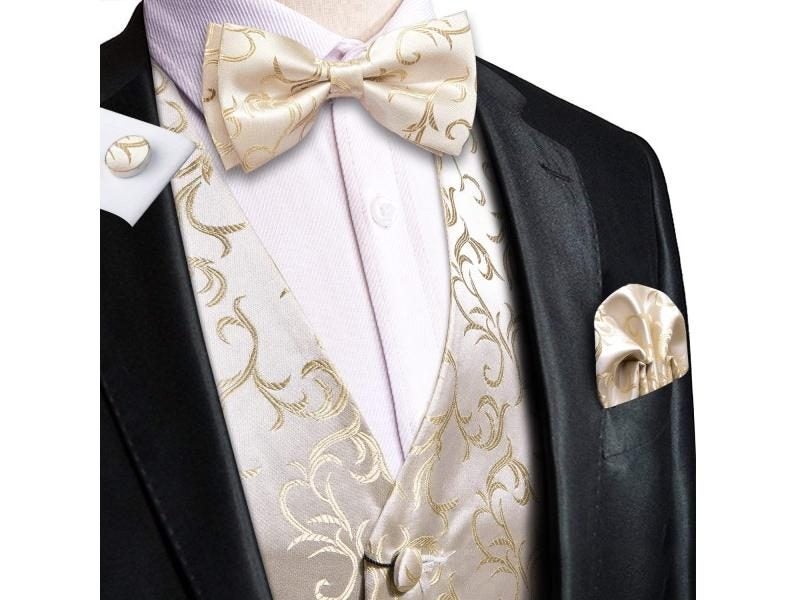 Hi-Tie Brand Silk Mens Vests Red Blue Green Gold Waistcoat Tie Bowtie Hanky Carousel 2