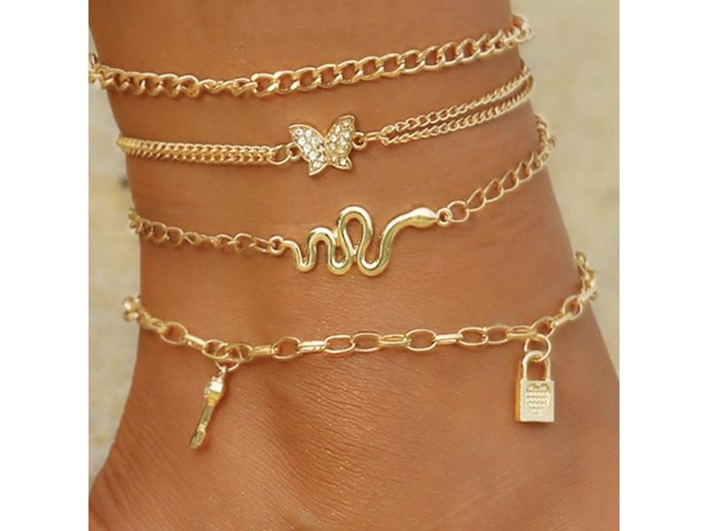 Bohemia Gold Color Snake Ankle Bracelet Set For Women Butterfly Key Lock Charm Carousel 1
