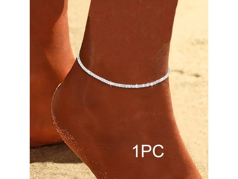 2PCS Shiny Sparkling Simple Silver Color Anklet For Women Simple Elegant Copper Carousel 1