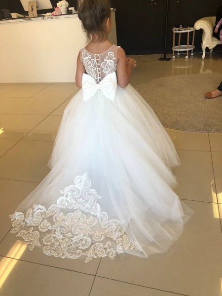 FATAPAESE Flowers Gril Dress Camellia Gowns Appqulies Beads Bow With Long Tra... Carousel 1