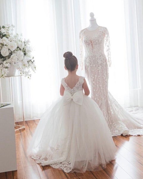 FATAPAESE Flowers Gril Dress Camellia Gowns Appqulies Beads Bow With Long Tra... Carousel 7