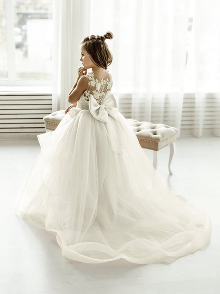 FATAPAESE White Kids Bridesmaid Dress for Girls Flower Long Sleeve Floral Lac... Carousel 1