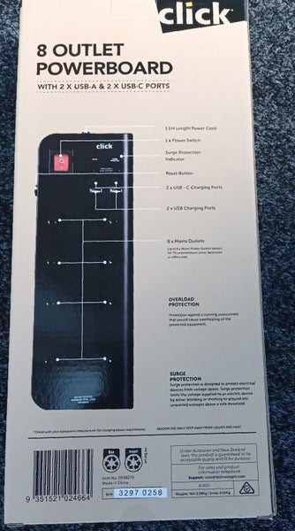 8 Way Powerboard with Surge Protection, with 2 x USB A & 2 x USB C Outlets Carousel 3