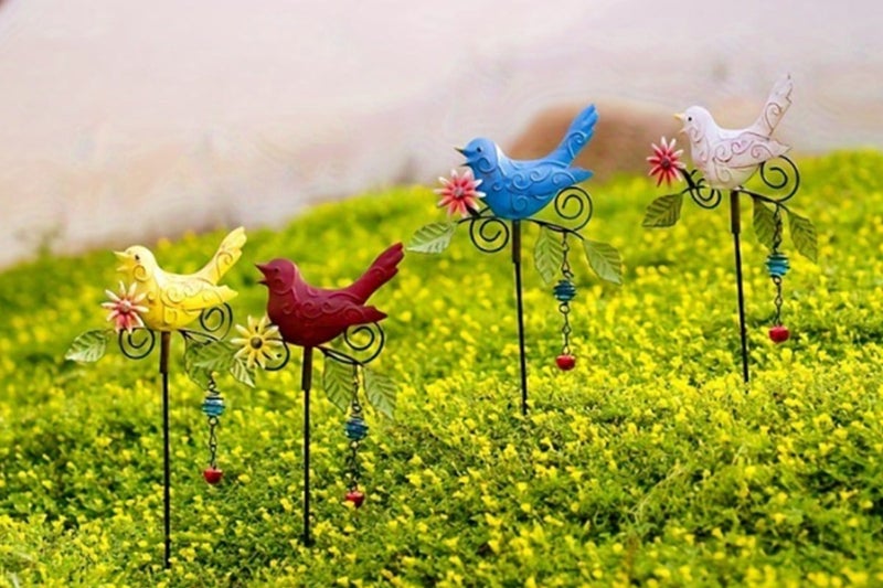 Metal Bird Art Stake Garden Colored Bird Stand Yard Decor Lawn Ornament-Blue Carousel 2