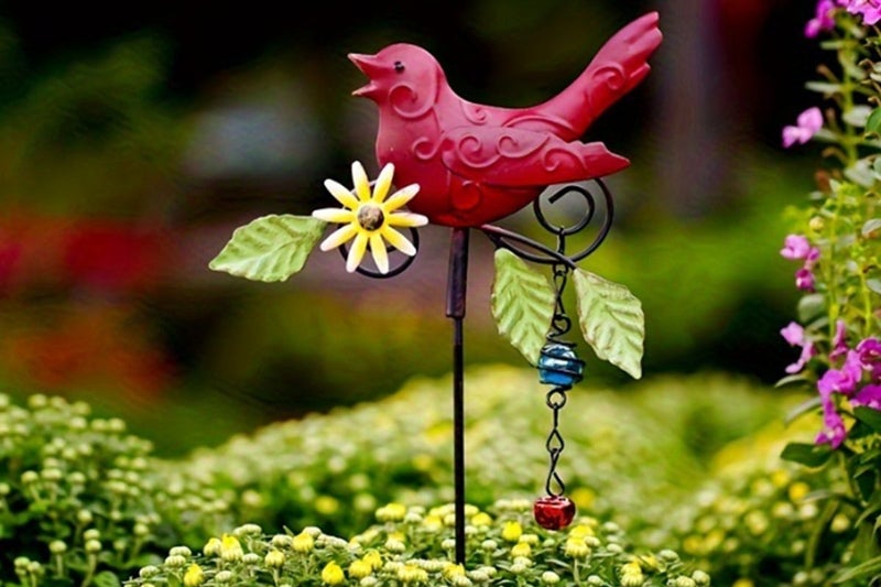 2Pcs Metal Bird Art Stake Garden Colored Bird Stand Yard Decor Lawn Ornament-Red Carousel 2