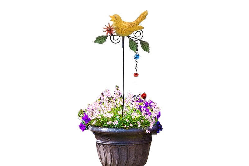 Metal Bird Art Stake Garden Colored Bird Stand Yard Decor Lawn Ornament-Yellow Carousel 1