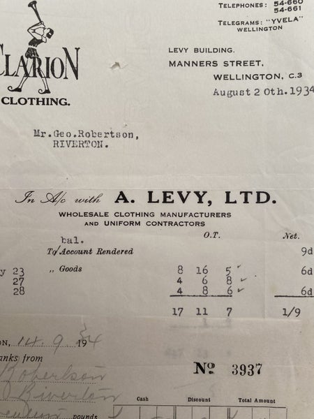 VINTAGE INVOICE / RECEIPT: A. Levy, Ltd. Wellington – Wholesale Clothing 1934 Carousel 1