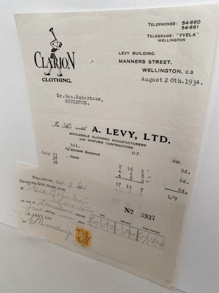VINTAGE INVOICE / RECEIPT: A. Levy, Ltd. Wellington – Wholesale Clothing 1934 Carousel 2
