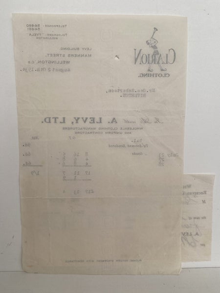 VINTAGE INVOICE / RECEIPT: A. Levy, Ltd. Wellington – Wholesale Clothing 1934 Carousel 3