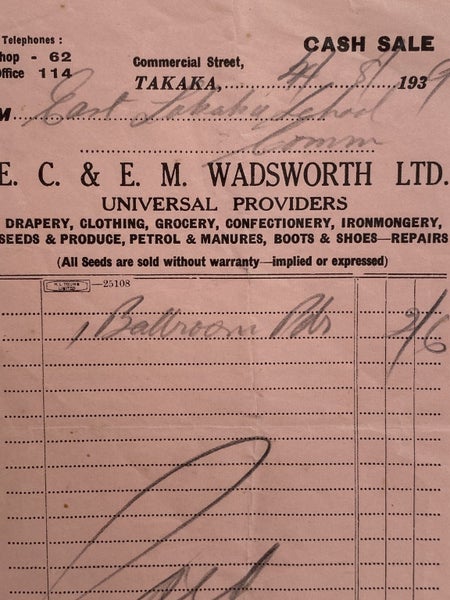 VINTAGE INVOICE / RECEIPT: E.C. & E.M. Wadsworth Ltd, Takaka 1939 Carousel 1
