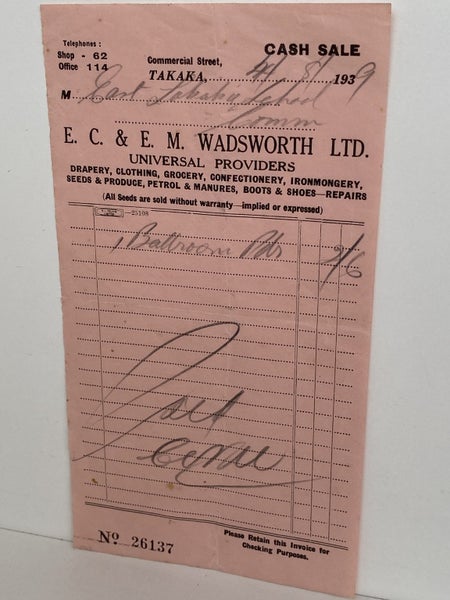 VINTAGE INVOICE / RECEIPT: E.C. & E.M. Wadsworth Ltd, Takaka 1939 Carousel 2