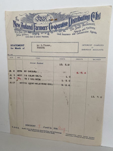 VINTAGE INVOICE: The New Zealand Farmers Co-operative Distributing Co. Ltd. 1937 Carousel 2