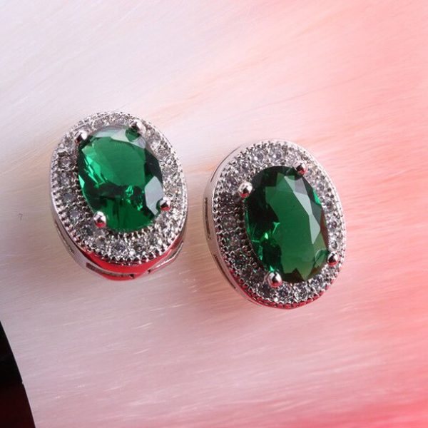 CRAZY PRICE! Gorgeous 925 Simulated Emerald and Diamond Oval Stud Earrings Carousel 1