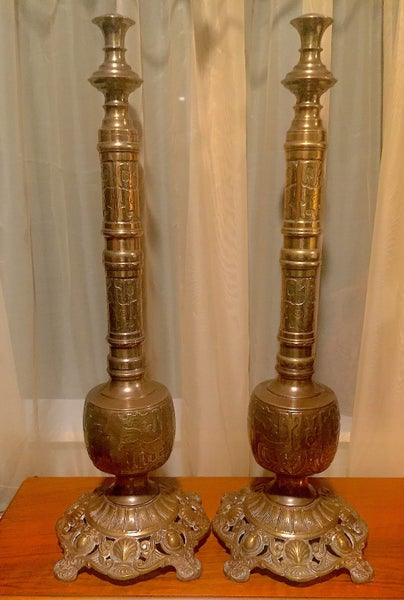 PAIR OF OUTSTANDING & RARE OLD ANTIQUE SOLID CAST BRASS EXTRA-TALL CANDLEHOLDERS Carousel 1