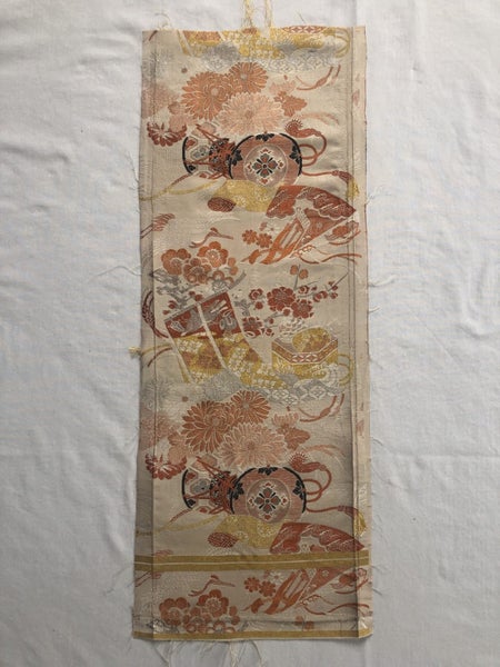 Vintage Woven Japanese Silk Obi Decorative Fabric Piece Cranes Sakura Blossoms Carousel 1