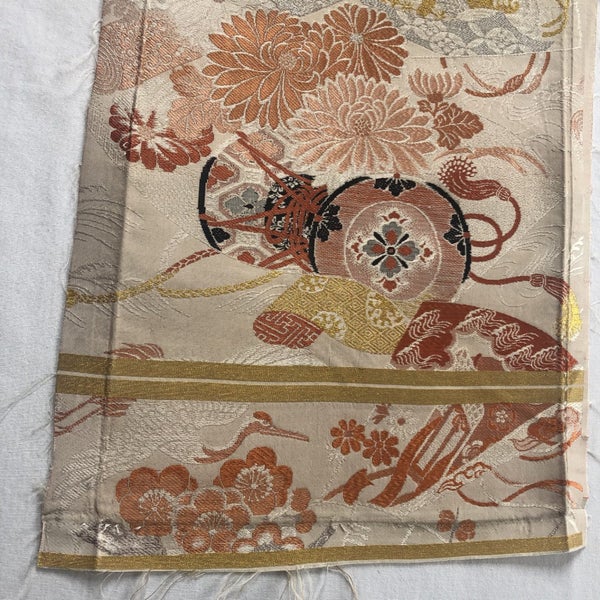 Vintage Woven Japanese Silk Obi Decorative Fabric Piece Cranes Sakura Blossoms Carousel 2