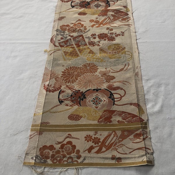 Vintage Woven Japanese Silk Obi Decorative Fabric Piece Cranes Sakura Blossoms Carousel 20