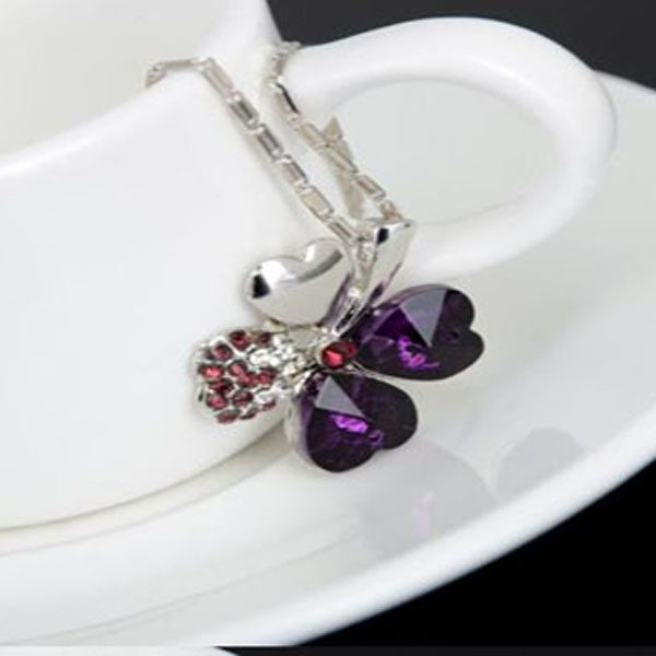 FLASH SALE! Sparkling Purple Crystal 4 LEAF CLOVER Heart Pendant and Chain Carousel 1