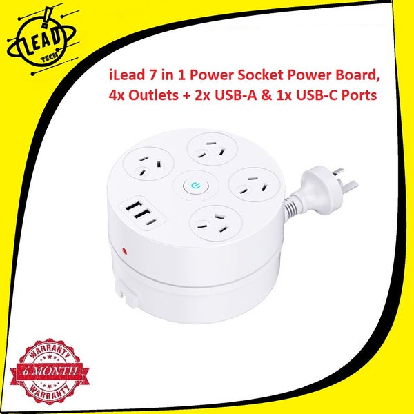 iLead 7 in 1 Power Socket, 4x Outlets + 2x ?USB-A & 1x ?USB-C Ports Power Board Carousel 1