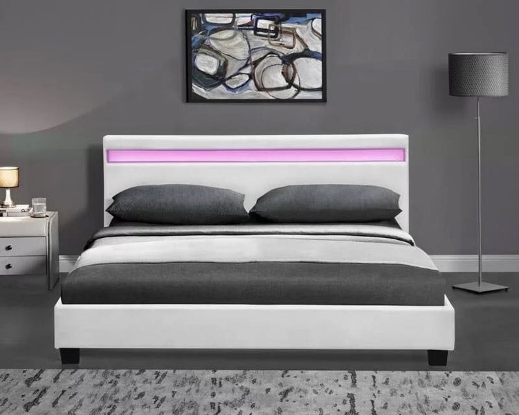 Hobson PU Leather Bed Frame RGB LED Lighting White Double62863870220675115