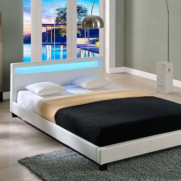 Hobson PU Leather Bed Frame RGB LED Lighting White Double62863870220675112