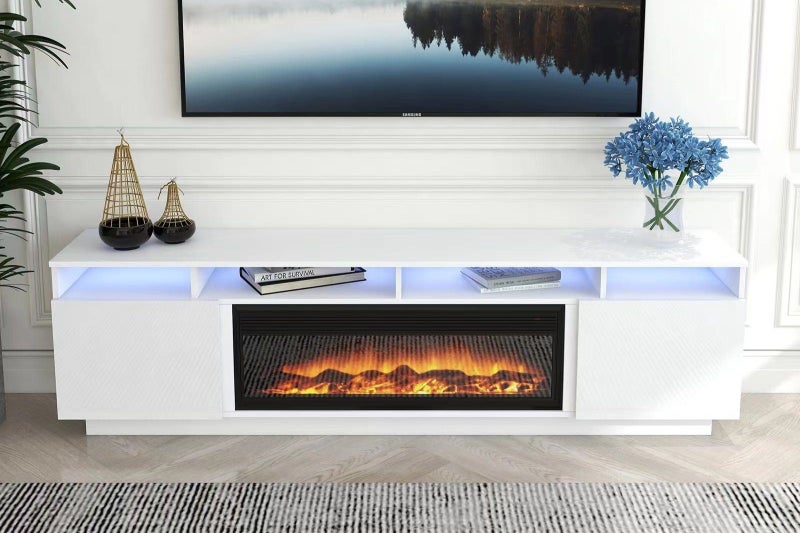 'Toro' white RGB LED Lighting TV Unit With Electric Fireplace Carousel 1