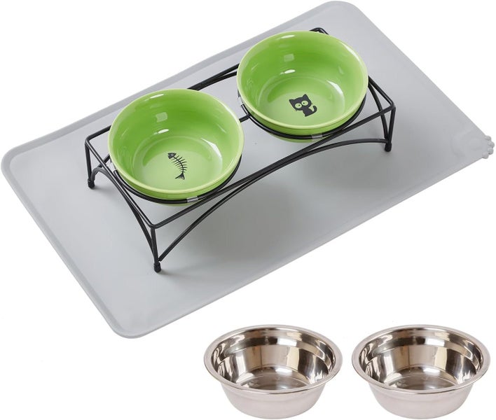 FOREYY Elevated Cat Bowls with 2 Ceramic Bowls and 2 Stainless Steel Bowls,Ra... Carousel 1