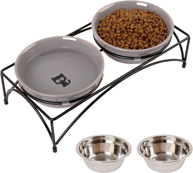FOREYY Elevated Cat Bowls with 2 Ceramic Bowls and 2 Stainless Steel Bowls,Ra... Carousel 2