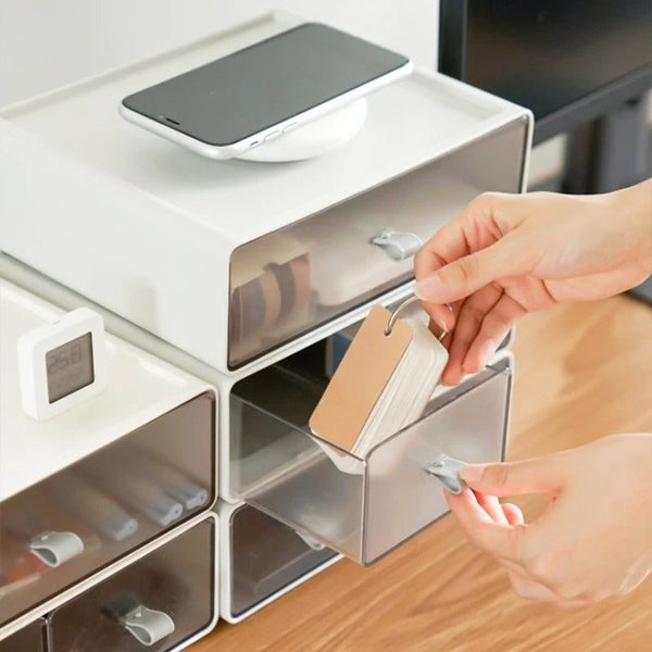 Storage Box White Brown Desktop Stackable Two Grids Drawer Office Organiser Stor Carousel 6