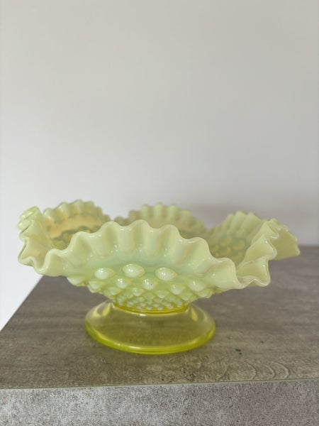 Fenton Yellow Topaz Uranium Glow Vaseline Opalescent Hobnail Footed Dish628638558781471117