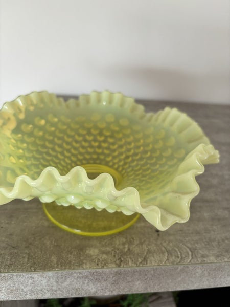 Fenton Yellow Topaz Uranium Glow Vaseline Opalescent Hobnail Footed Dish62863855878147111