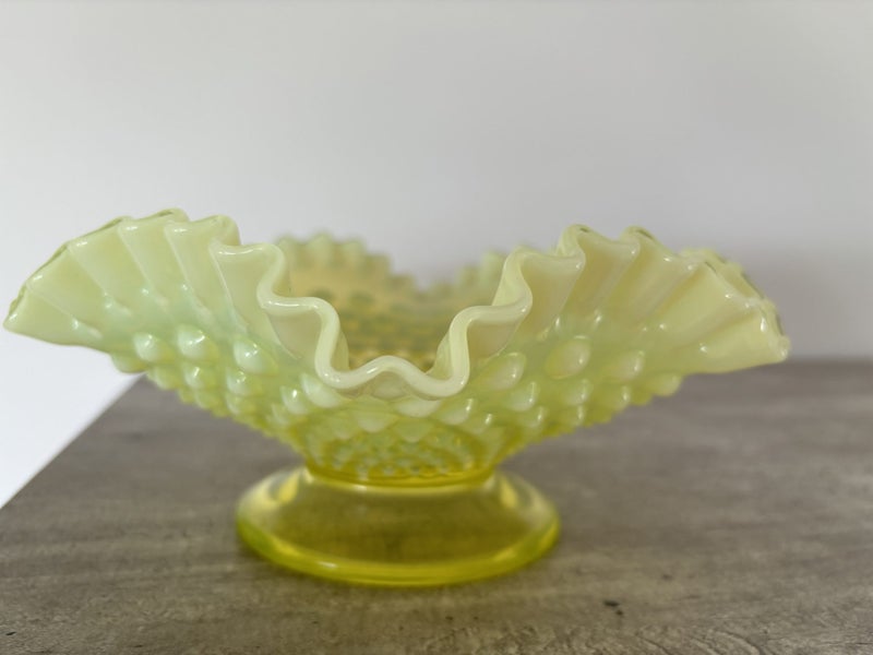 Fenton Yellow Topaz Uranium Glow Vaseline Opalescent Hobnail Footed Dish62863855878147112