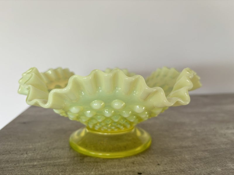 Fenton Yellow Topaz Uranium Glow Vaseline Opalescent Hobnail Footed Dish62863855878147113