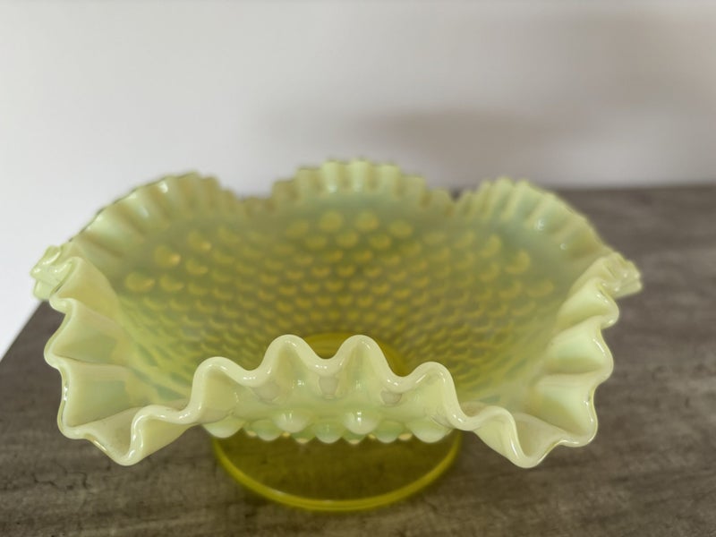 Fenton Yellow Topaz Uranium Glow Vaseline Opalescent Hobnail Footed Dish62863855878147114