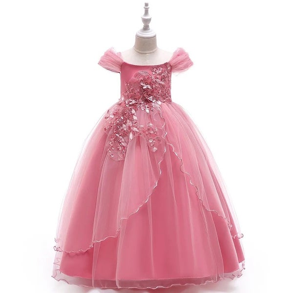 Off-shoulder Long For Girls Kids Flower Embroidered Wedding Gown Host Perform... Carousel 1