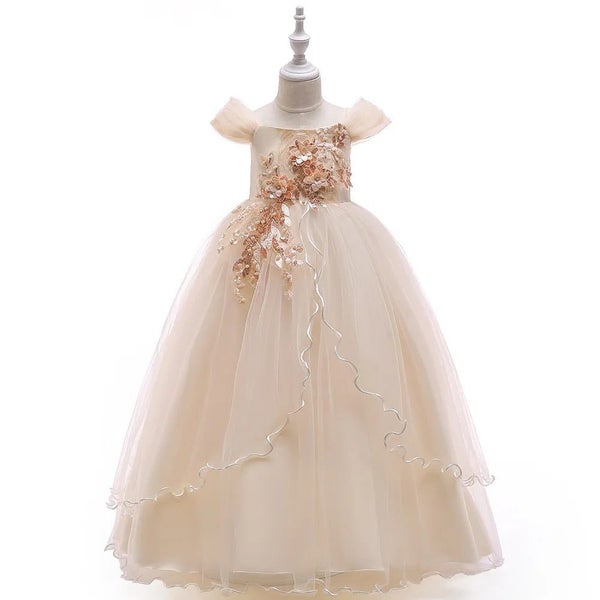 Off-shoulder Long For Girls Kids Flower Embroidered Wedding Gown Host Perform... Carousel 2